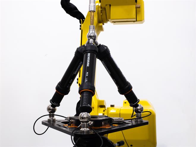 Renishaw의 산업 자동화용 로봇 진단 시스템 RCS T-90은 작동하는 로봇 셀 안에 장착됩니다.