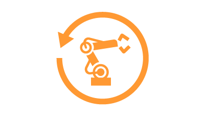 원형 화살표 안에 있는 주황색 산업용 로봇 아이콘