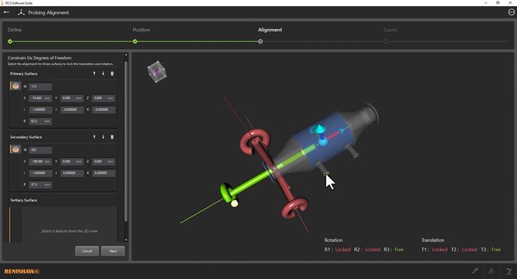 Serbest formlu bir parçanın CAD dosyası kullanılarak prob ile hizalamayı ölçmeye yönelik RCS Software Suite Datum Builder ekran görüntüsü